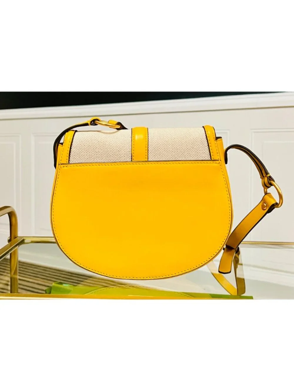 Tory Burch Miller Canvas & Leather Saddle Bag Yellow/Natural Crossb